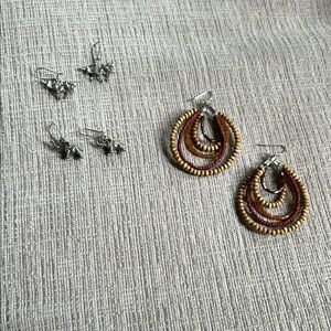 Three sets of earrings - Silver tone and Red Beaded Earrings Set